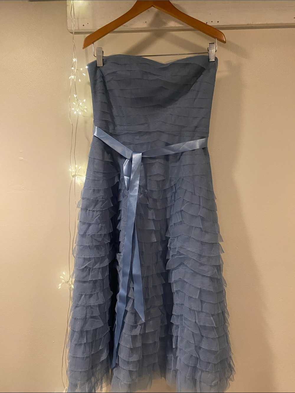 Dusty Blue Vintage (2000) Strapless Ruffled Midi Dress with Satin Waist Tie